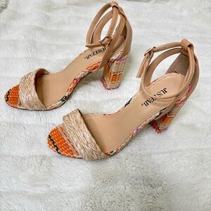JustFab Tan and Orange Woven Heels Sandals Size 7.5